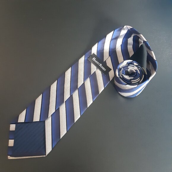 ⚡️BUY 3 for $55⚡️ Harry Rosen Silk Tie, Shades of Blue w/ Black & Gray Stripes - Picture 5 of 16